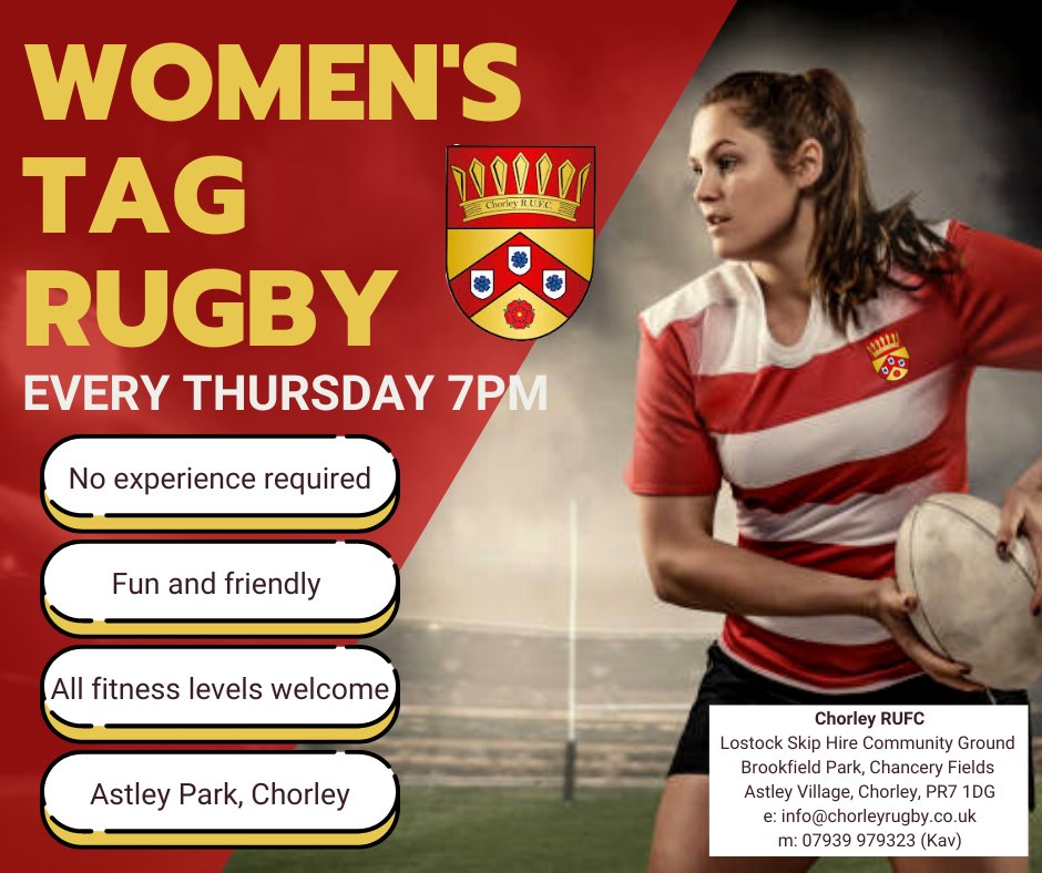 ⏰ Tonight 7pm
🏉 Men's pre season training &amp;
🏉 Women's tag rugby
📍 Astley Park, Chorley, by the sports pitches

#rugby #rugbylife #rugbyunion #rugbygram #rugbyplayer #sport #fitness #training #athlete #sixnations #worldrugby #rwc  #rugbysevens #chorley #lancashire #northwest
