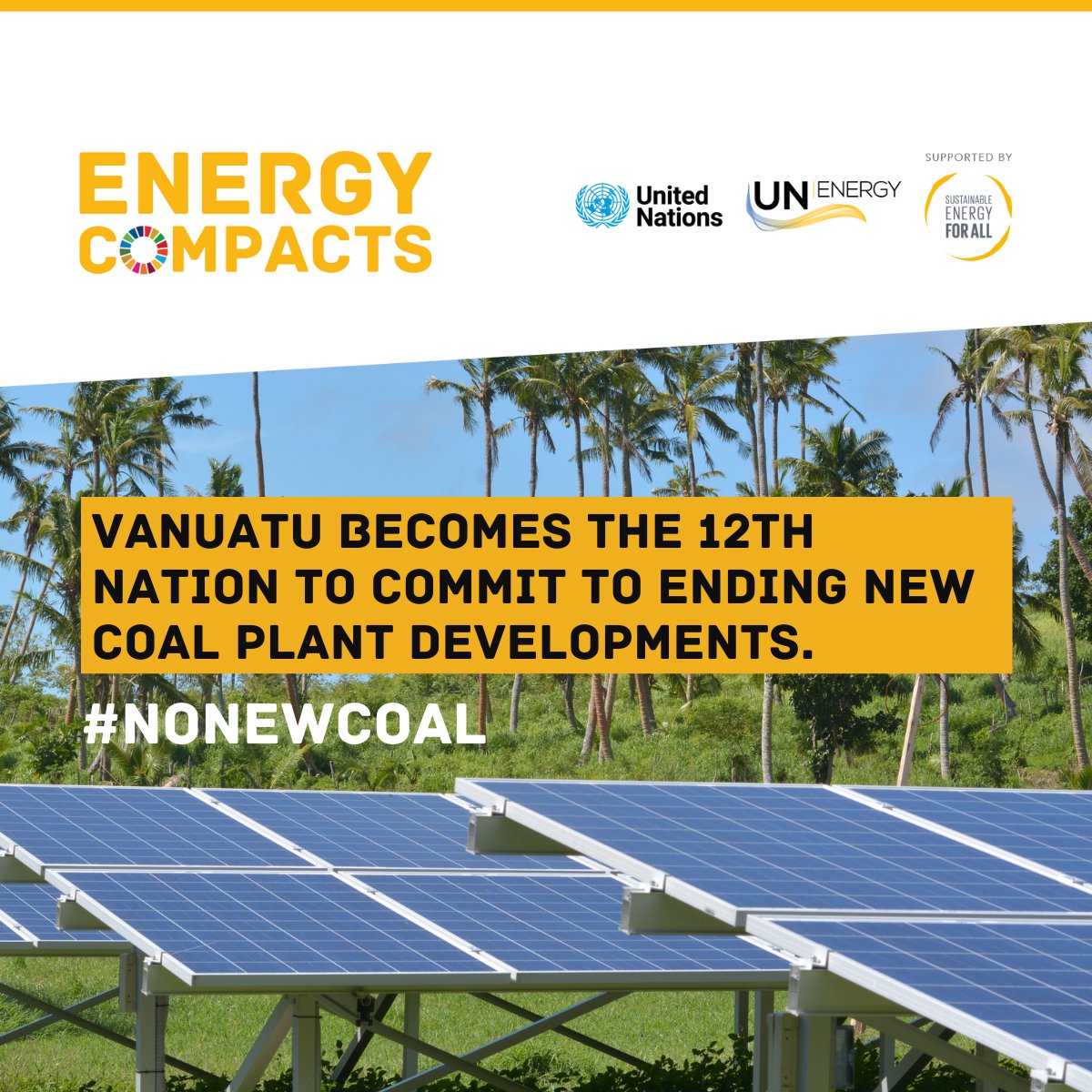 🎉 #Vanuatu signs the ❌ #NoNewCoal Compact! This South Pacific island nation joins 11 other counties in committing to a healthier, more livable environment by no longer allowing coal plants to be built in their country. 

More about the #EnergyCompact 👇
ow.ly/mZ9z50OLv5s