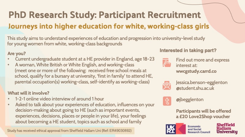 Call for participants for my study on journeys into HE for young women from white, working-class families is ongoing - please RT! If you know any current UG uni students who may be eligible & interested in taking part, please share. Project website: wwcgstudy.carrd.co/#