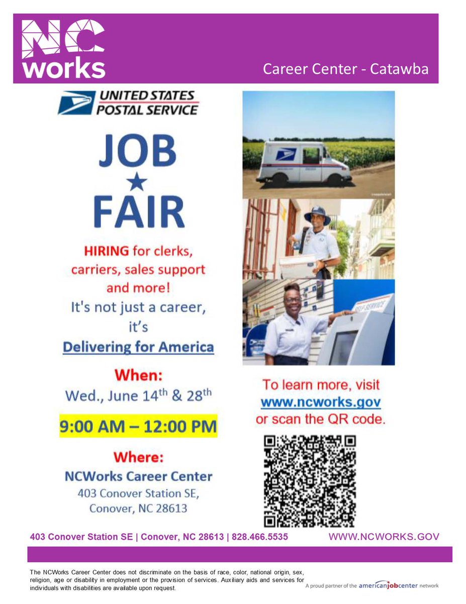 US Postal Service's Hiring Event is HAPPENING TODAY from 9am to 12pm.  See the hiring event flyer for more information. #NCWorks #westernpiedmontworks