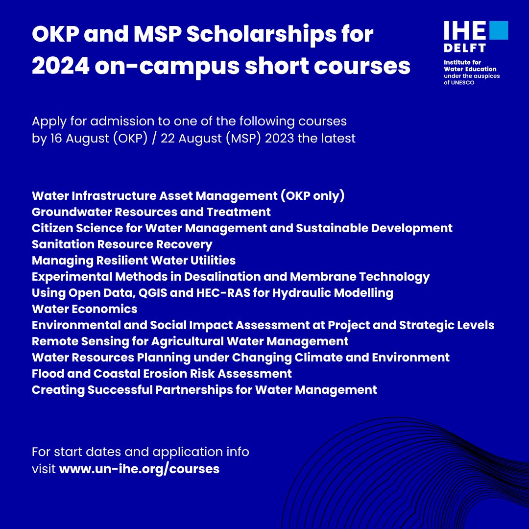 ihedelft's tweet image. Join us at IHE Delft for a variety of on-campus short courses next year. Early/mid-career water professionals from over 30 countries can now apply for an #OrangeKnowledge or #MENA (MSP) #Scholarship 🎓🌍 More info: un-ihe.org/courses/on-cam…