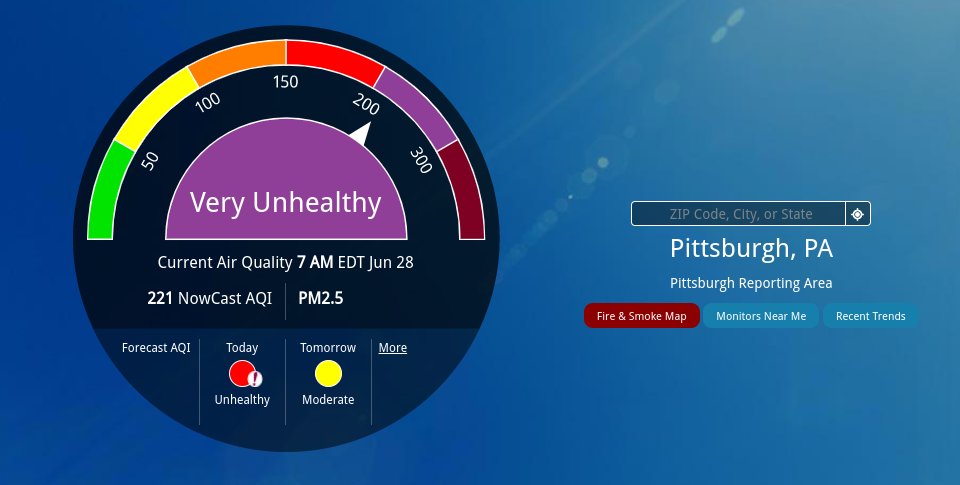 .@AIRNow currently has AQI for Pittsburgh at 221 - Very Unhealthy. #pawx 
airnow.gov/?city=Pittsbur…