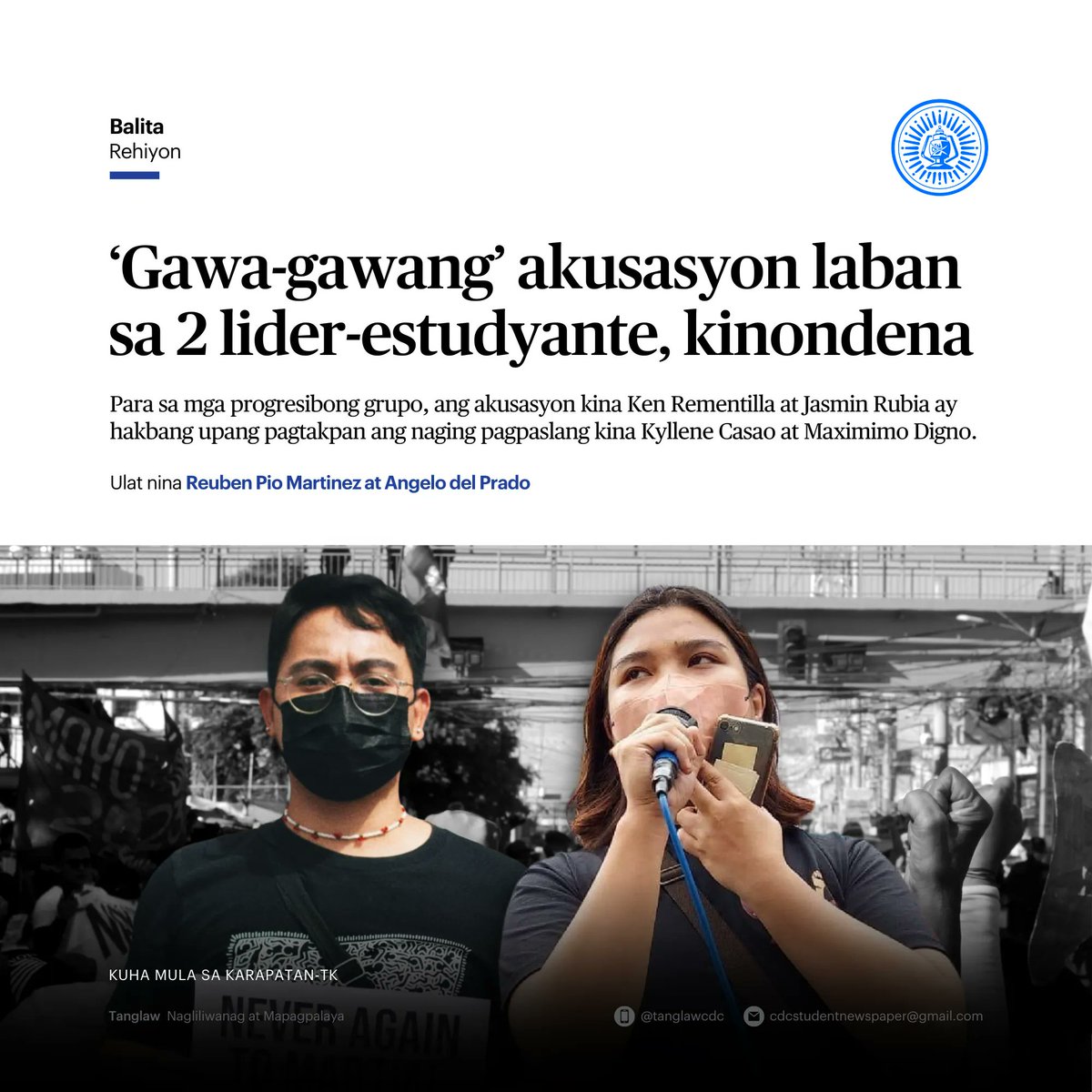 tanglawdevcom's tweet photo. BALITA: Para sa mga progresibong grupo, ang akusasyon kina Ken Rementilla at Jasmin Rubia ay isang hakbang umano ng 59th IBPA upang pagtakpan ang naging pagpaslang kina Kyllene Casao at ang magsasaka na si Maximimo Digno. 

Basahin: https://t.co/4f7OKipzi5 

#TanglawCDC https://t.co/Hz8KDrpQd8