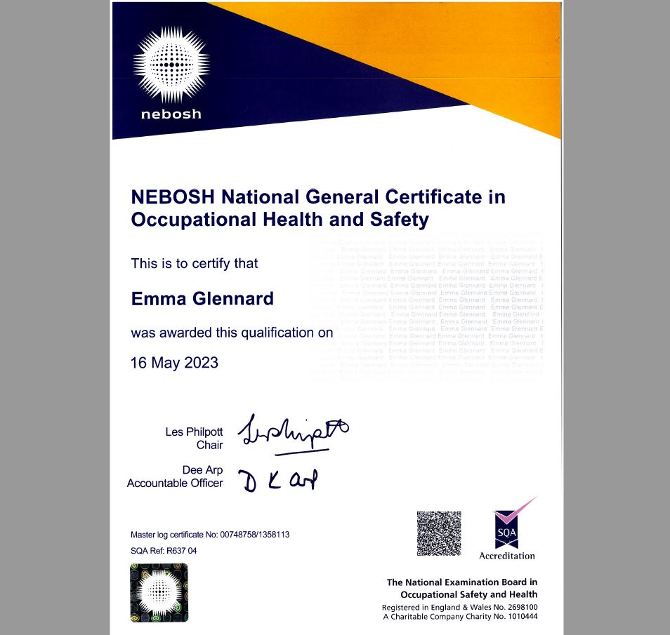 Please join us in congratulating 🎉Emma Glennard our Compliance Manager

Emma has successfully achieved and passed her NEBOSH National General Certificate in Occupational Health and Safety ⭐

#healthandsafety #nebosh #personaldevelopment #careerdevelopment #womeninconstruction