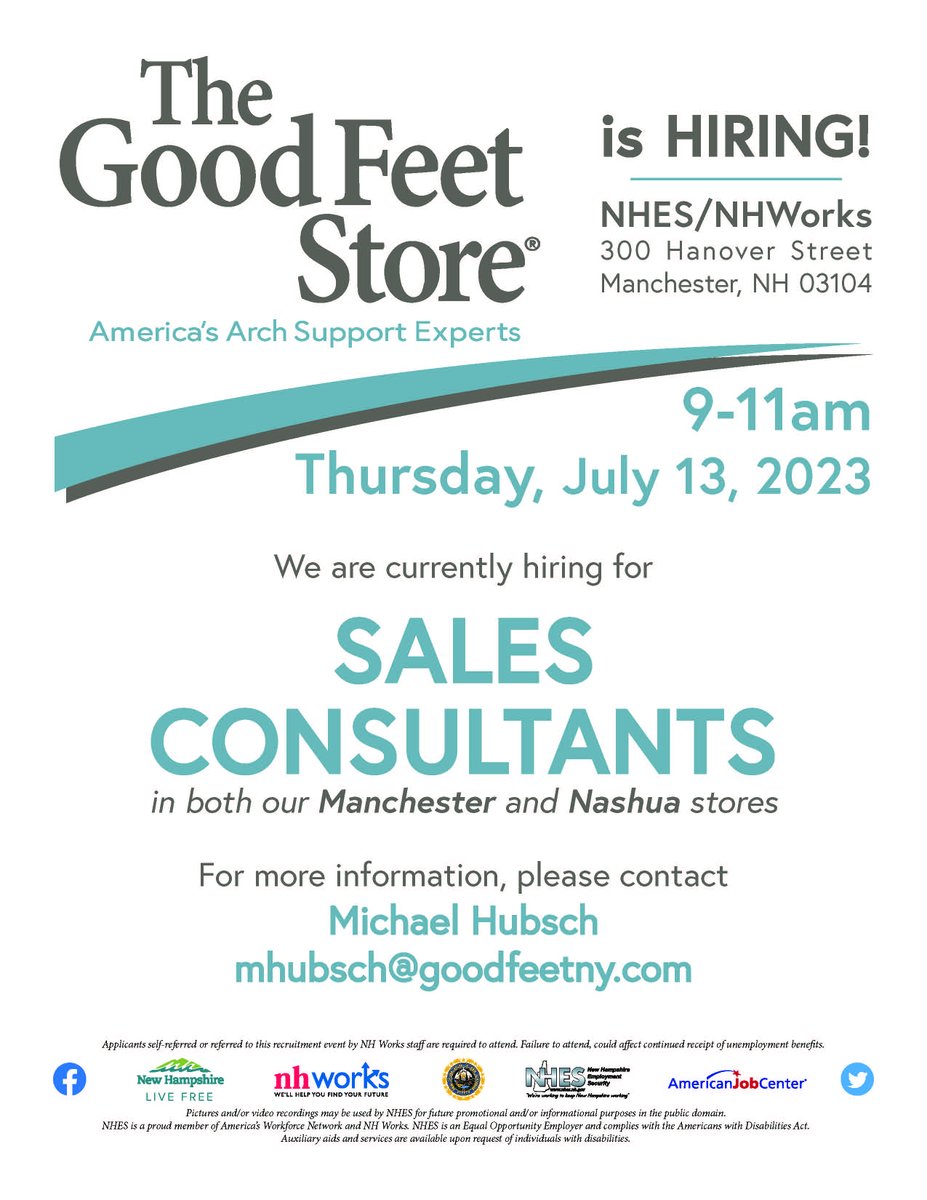 NHESWorking's tweet photo. The Good Feet Store is Hiring!
Thursday, July 13, 2023
9:00 am - 11:00 am
NHES / NHWorks
300 Hanover Street
Manchester, NH 03104
#NHWorks #NHES #JobsInNH #NHJobs https://t.co/13HcnDVXjz