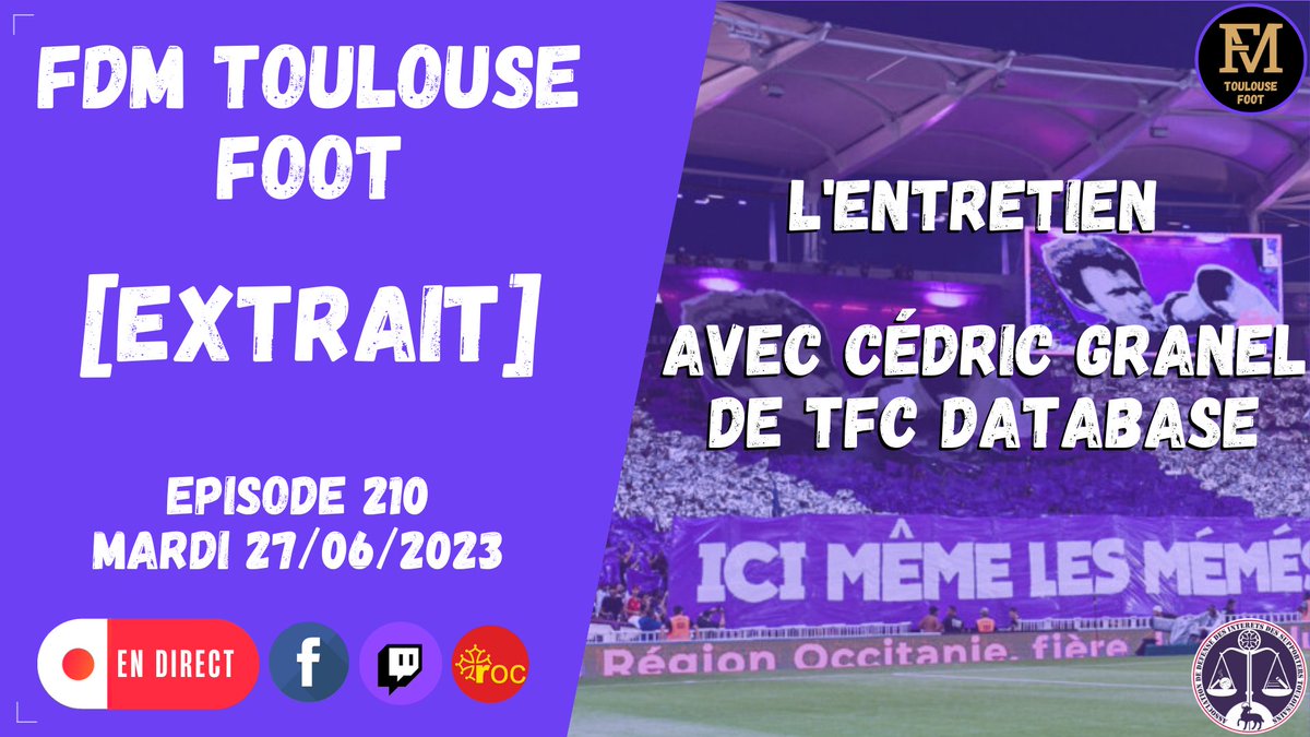 💜 [Extrait] FDM Toulouse Foot - mardi 27/06 

▶️ Entretien avec <a href="/cedricgranel/">Cédric Granel</a> de <a href="/TFCDatabase/">TFC Database</a> pour la sortie de son livre TFC 2023 INOUBLIABLE

📺Extrait vidéo youtu.be/AOe1neNxo2w
🎧Extrait audio podcasters.spotify.com/pod/show/lafeu…
