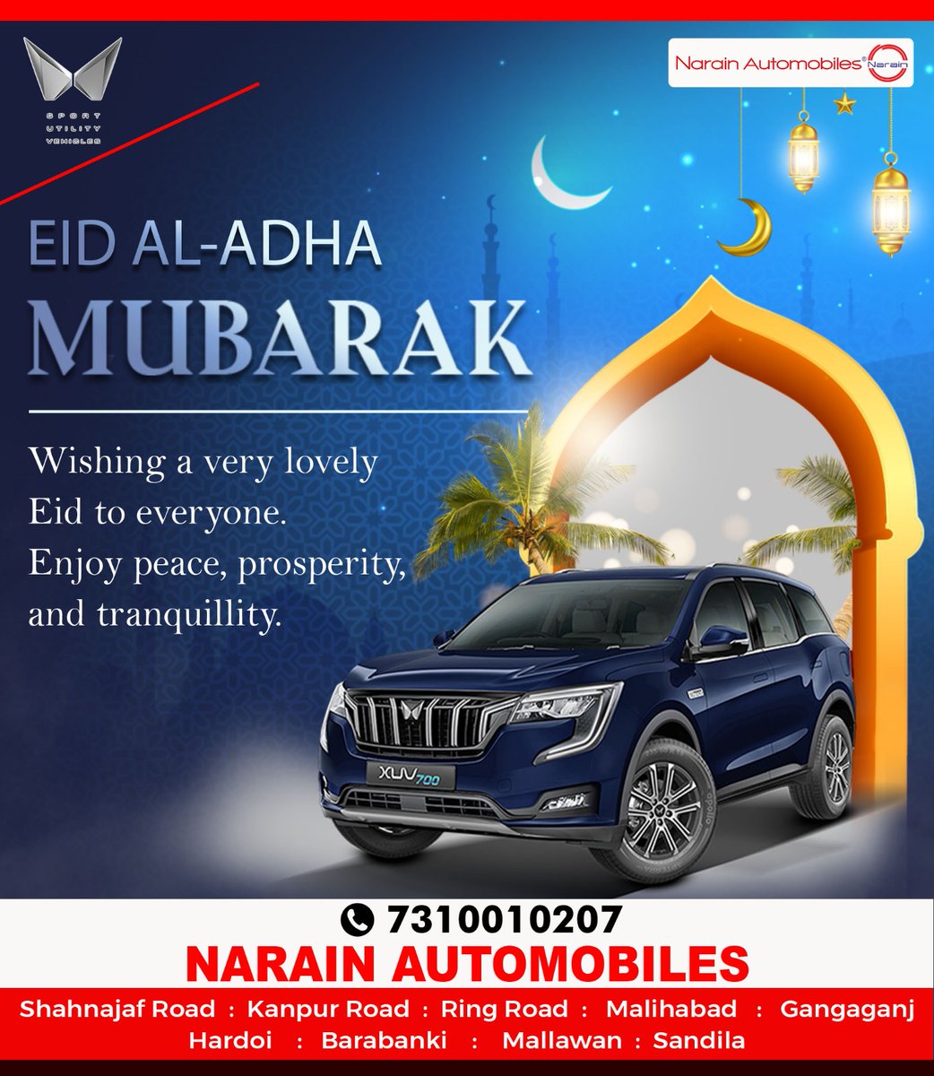 On this glorious day, we wish that may your faith and love for Almighty be rewarded with peace, happiness, and success in all your endeavours

🕌 Have a blessed Eid Al-Adha! 🐐
#eidaladha #eid #eidmubarak #iduladha #ramadan  #withyouhamesha #mahindrashowroom #mahindraworkshop