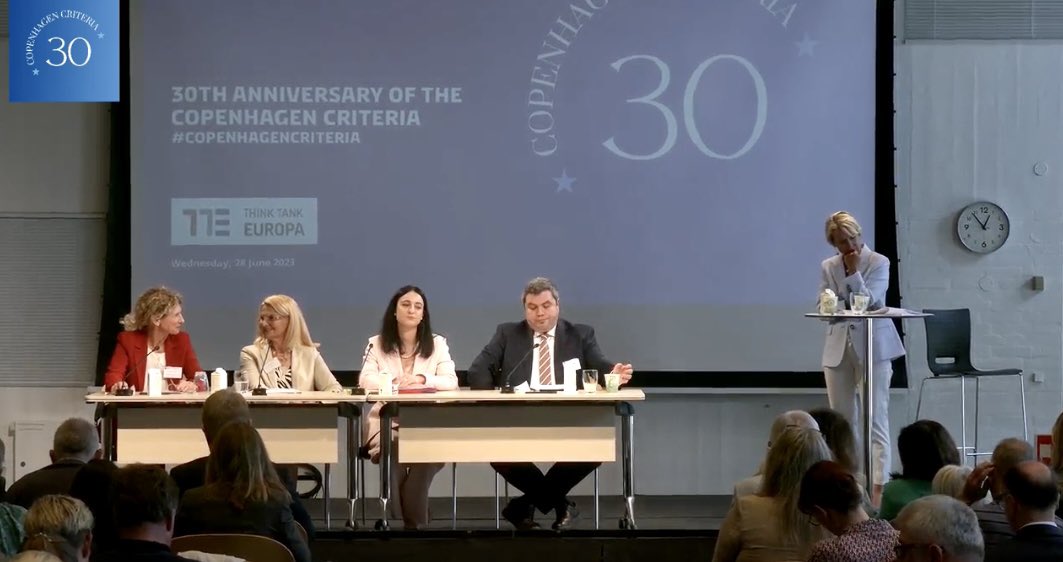 Today 🇩🇰 hosts a conference to celebrate 30 years of the #CopenhagenCriteria, still vital in driving #EUEnlargement. Thank you #Tanja_Miscevic 🇷🇸 Minister of European Integration &amp; <a href="/Bojan_Maricikj/">Bojan Maricikj</a>  🇲🇰 Deputy PM for European Affairs for taking part in the panel on Western Balkans
