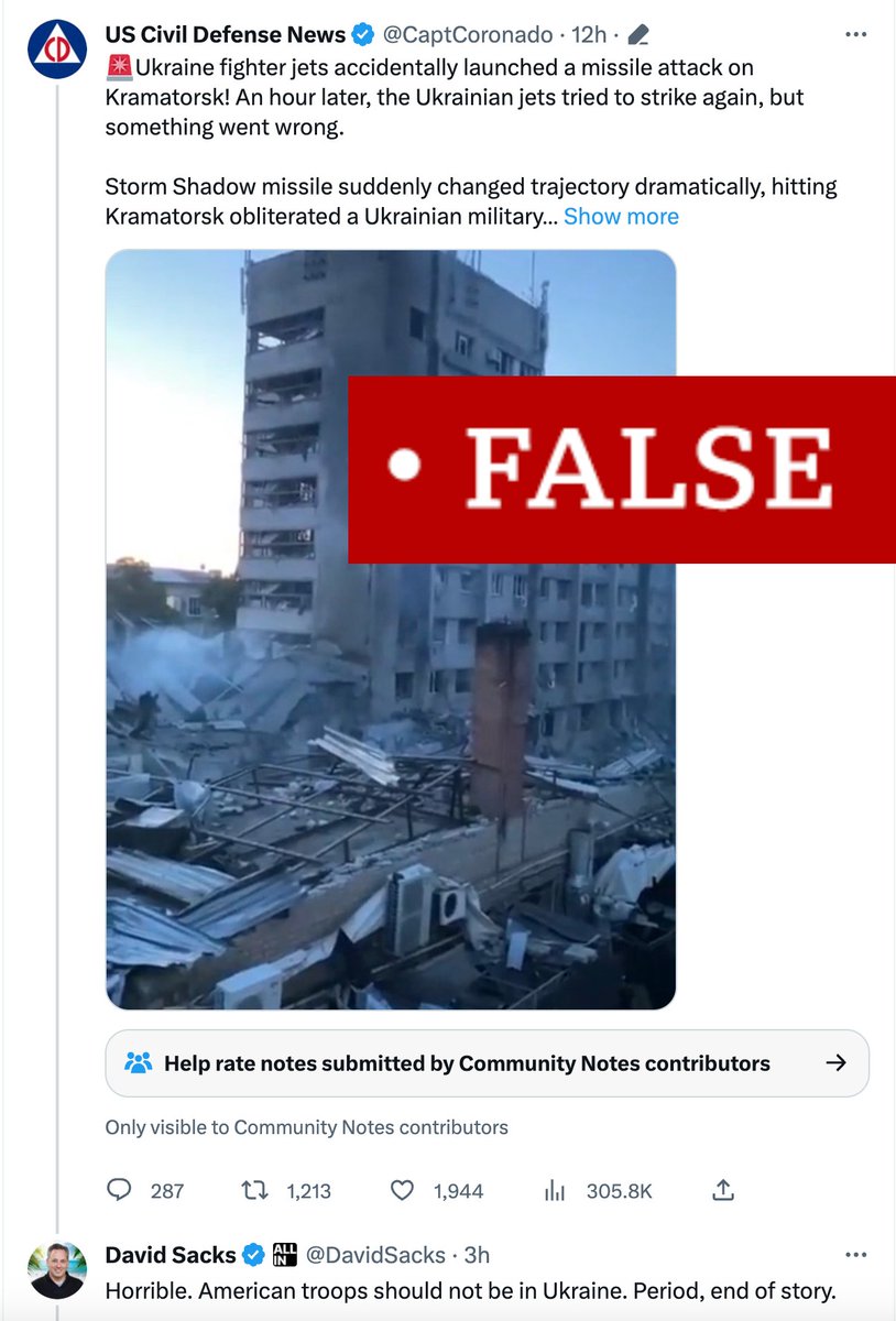 This is all made up nonsense about last night's Russian missile strike in Kramatorsk by a Twitter Blue subscriber known for spreading misinformation for engagement.

And there's David Sacks accepting it word for word without even bothering to check if any of it is true.