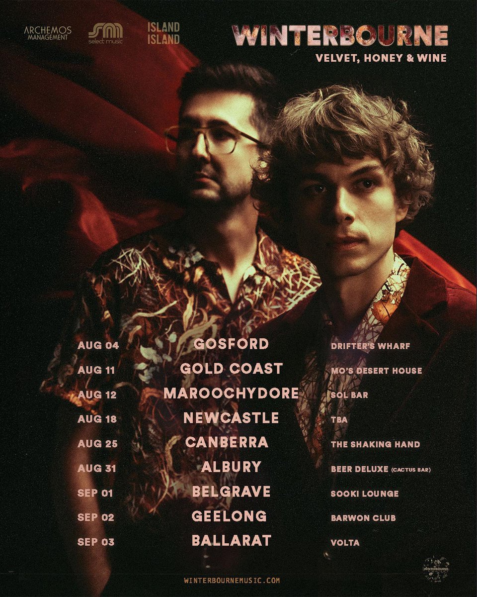 THE NEWS: Our new single is called Velvet, Honey &amp; Wine and is out this Friday Jun 30th AND we’re taking it on the road around NSW, ACT, VIC &amp; QLD this Aug/Sep. Tickets are on sale NOW at this link: linktr.ee/winterbourne
Original photo by Jeff Andersen Jnr.