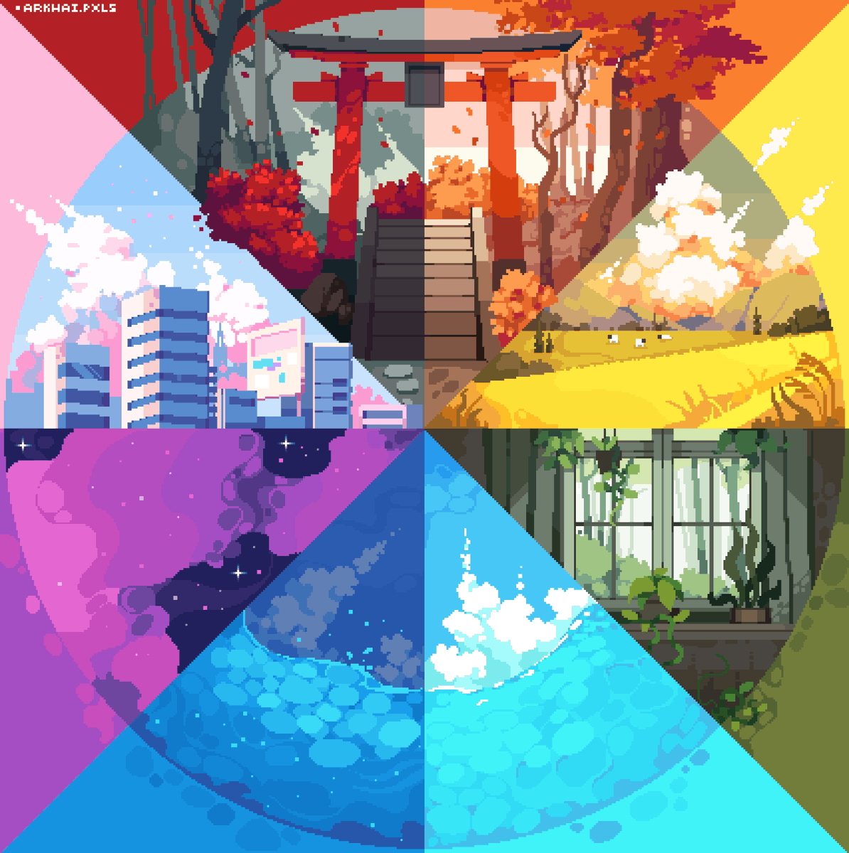 My take on the #colorwheelchallenge, Which one is your favorite?
 
~Hope you guys like it! 💜
#pixelart #ドット絵 #comissionsopen