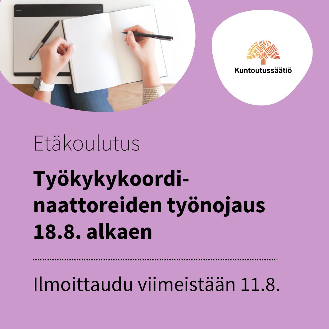 Huomio #työkykykoordinaattori! 👋Tarjoamme viiden työnohjauskerran kokonaisuutta, jonka tavoitteena on muun muassa edistää työssä jaksamista ja työhyvinvointia sekä ammatillista kehittymistä.

📌Tutustu tarkemmin ja ilmoittaudu mukaan täältä: kuntoutussaatio.fi/tapahtumat/tyo… #työnohjaus