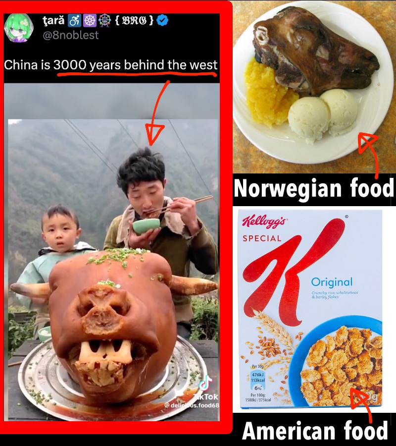 Kai_Wong_CN's tweet image. People in China eat cow heads because we are "backward."

It is normal for people in "advanced" Western society to eat sheep heads.

Americans' healthy breakfast is shovelling 12 spoons of sugar into their mouths.