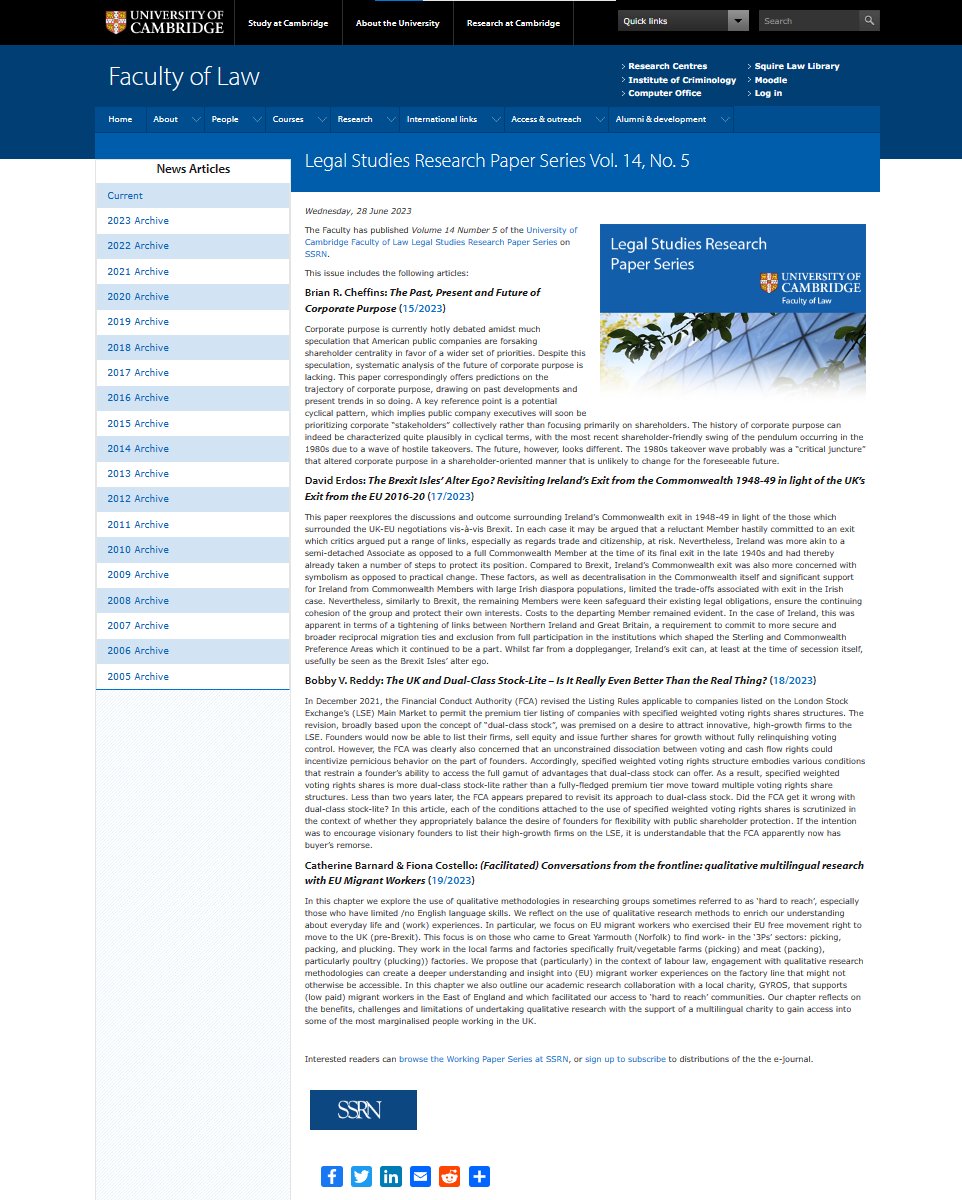 We have issued a new <a href="/SSRN/">SSRN</a> Legal Studies RPS (Vol 14 #5) including articles by Brian Cheffins, <a href="/DavidErdos/">David Erdos</a>, Bobby Reddy and <a href="/CSBarnard24/">Catherine Barnard</a> &amp; <a href="/fiona_costello/">Fiona Costello 🧡</a> (<a href="/eumigrantworker/">EU Migrant Worker</a>): law.cam.ac.uk/press/news/202… #CorporatePurpose #Brexit #Ireland #FCA #DualClassStock #EUMigrants
