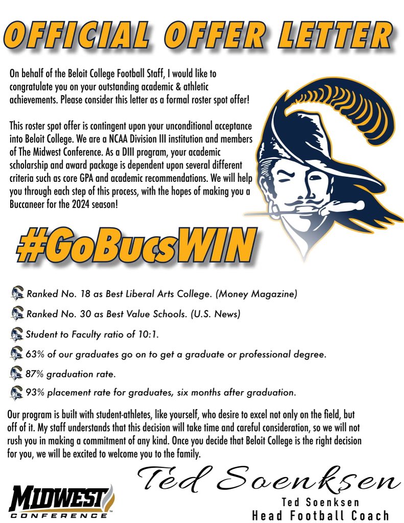 Very grateful to receive and offer from <a href="/BeloitBucsFB/">BeloitBucsFootball</a>. Thank you <a href="/Coach_Soenksen/">Ted Soenksen</a>.