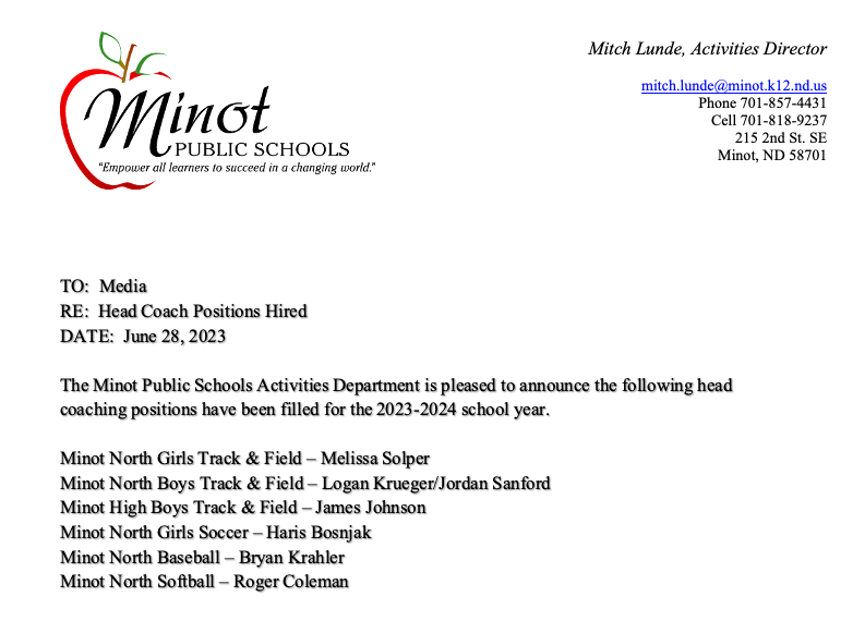 MinotHighAD's tweet photo. Pleased to announce the following coaching hires for Minot High &amp; Minot North.

@ZachKeenanTV @TristanThomasTV 
@SeanW_MDN https://t.co/iD3UHo5wQE