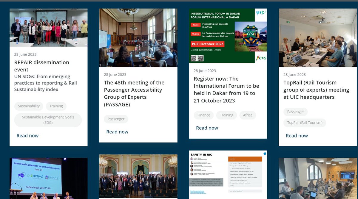 Please find the latest eNews articles on the REPAIR Dissemination event, the 48th meeting of the Passenger Accessibility Group of Experts (PASSAGE) and the International Forum to be held in Dakar.  uic.org/com/enews/