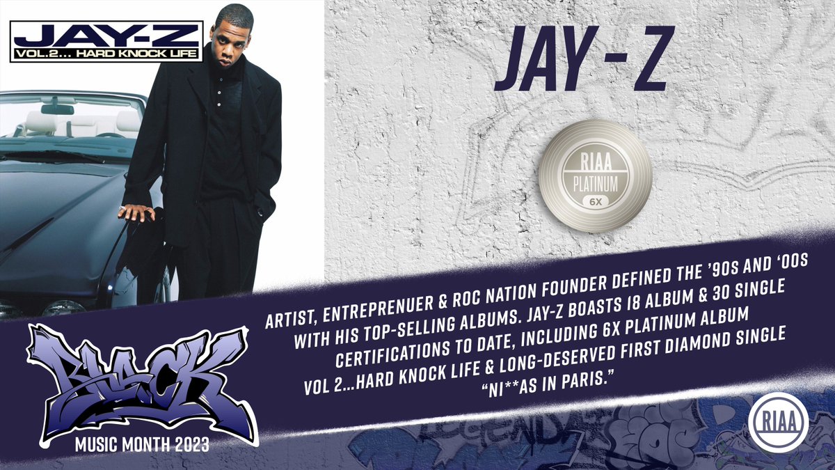 Celebrating #BlackMusicMonth & the Golden era of Hip-Hop with @sc. The 🐐 to many, his new 💎 for 'Ni**as In Paris' amplifies 19 singles & 14 Platinum-certified albums 💿, including the 6x Platinum #Vol2HardKnockLife. Jay-Z has truly defined the genre ✊🏾 #HipHop50