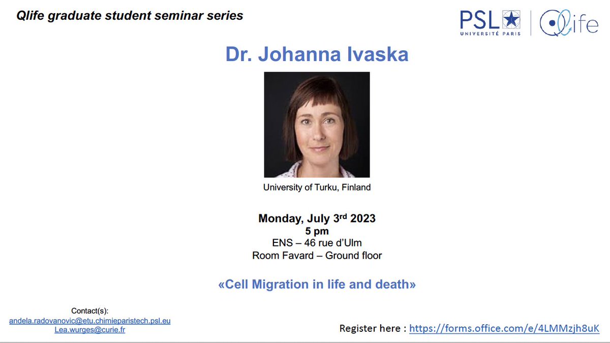 PSL-Qlife (@pslqlife) on Twitter photo PLEASE RT!
📣 Qlife student seminar series continues!
Next speaker: <a href="/johannaivaska/">Johanna Ivaska</a> from <a href="/UniTurku/">Turun yliopisto - University of Turku</a>
Open to PhD & master students from Qlife labs
🗓️ Monday, July 3 at 5 pm at <a href="/IBENS_ENS/">IBENS</a>
👉🏼 Register: forms.office.com/e/4LMMzjh8uK PLEASE RT!
📣 Qlife student seminar series continues!
Next speaker: <a href="/johannaivaska/">Johanna Ivaska</a> from <a href="/UniTurku/">Turun yliopisto - University of Turku</a>
Open to PhD & master students from Qlife labs
🗓️ Monday, July 3 at 5 pm at <a href="/IBENS_ENS/">IBENS</a>
👉🏼 Register: forms.office.com/e/4LMMzjh8uK