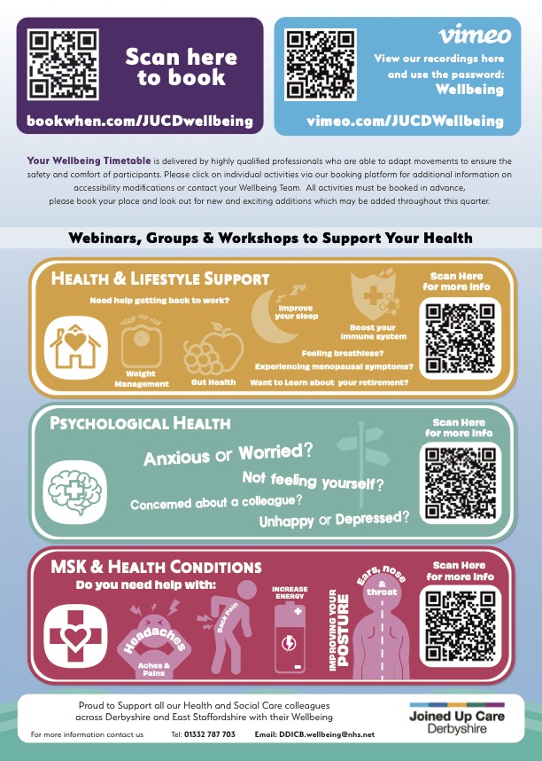 To celebrate #WorldWellbeingWeek we're letting you have a sneaky peek of the NEW Your Wellbeing Timetable 👀

Following colleague feedback we've added a wealth of targeted & focussed support to help keep our colleagues healthy, safe & well 

Find out more➡️bookwhen.com/jucdwellbeing