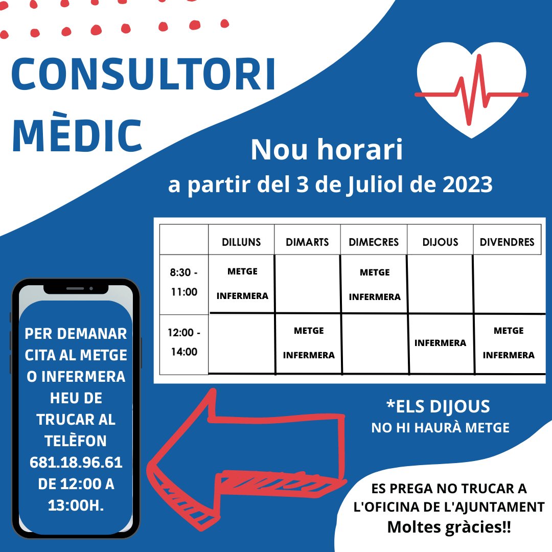 ℹ️ Aquest serà el 𝗡𝗢𝗨 horari mèdic a partir del 𝐝𝐢𝐥𝐥𝐮𝐧𝐬 𝟑 𝐝𝐞 𝐉𝐮𝐥𝐢𝐨𝐥 ‼️