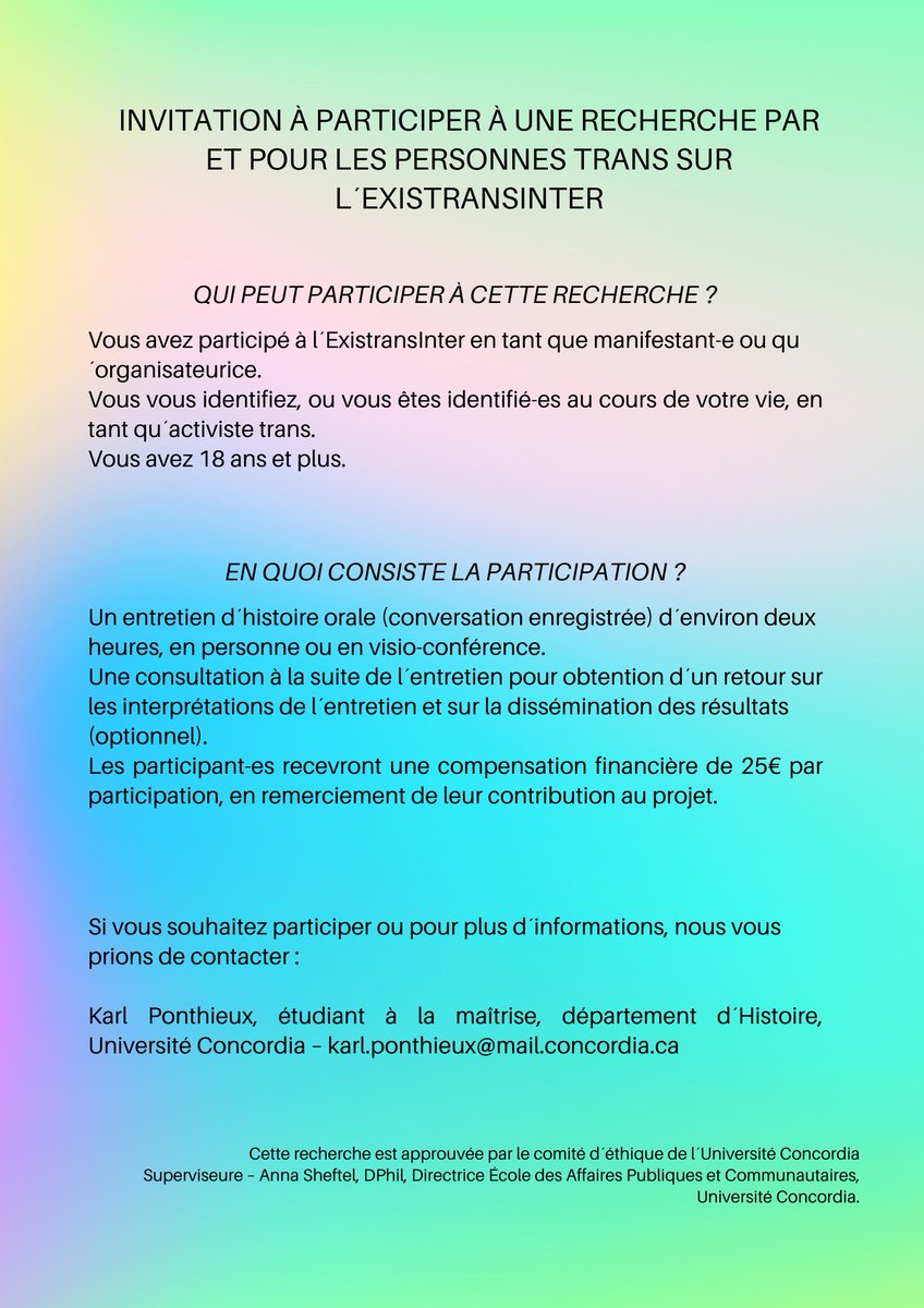 Bonjour à toustes !

Dans le cadre de mon mémoire de master, je mène une recherche en histoire orale sur l´ExisTransInter. 

Mon objectif c´est de comprendre comment la manifestation est passée d´un rassemblement de 30 personnes à une manif´ qui rassemble plusieurs milliers