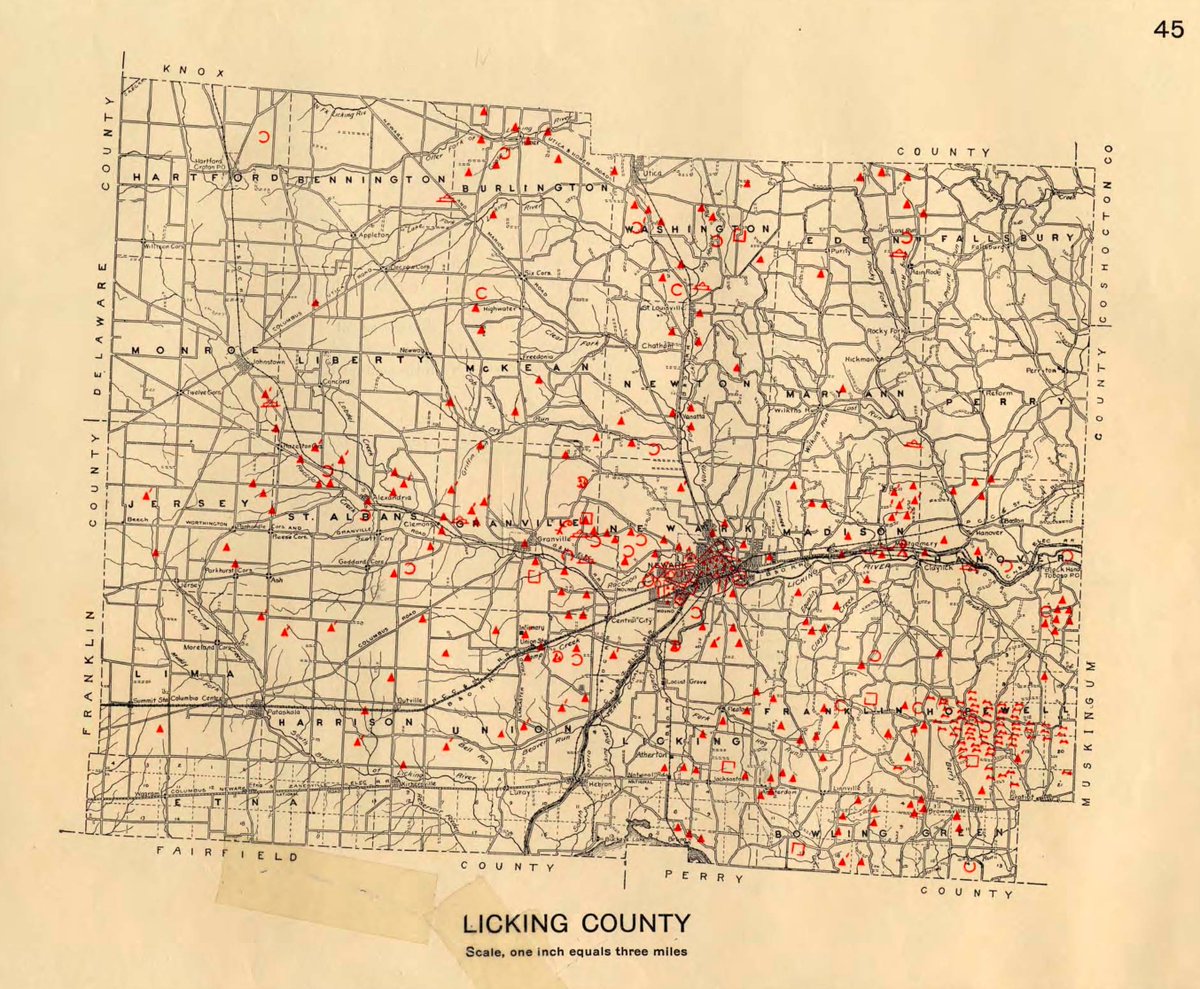 1914 map of Licking County, Ohio showing the mounds & earthworks then known in the county.