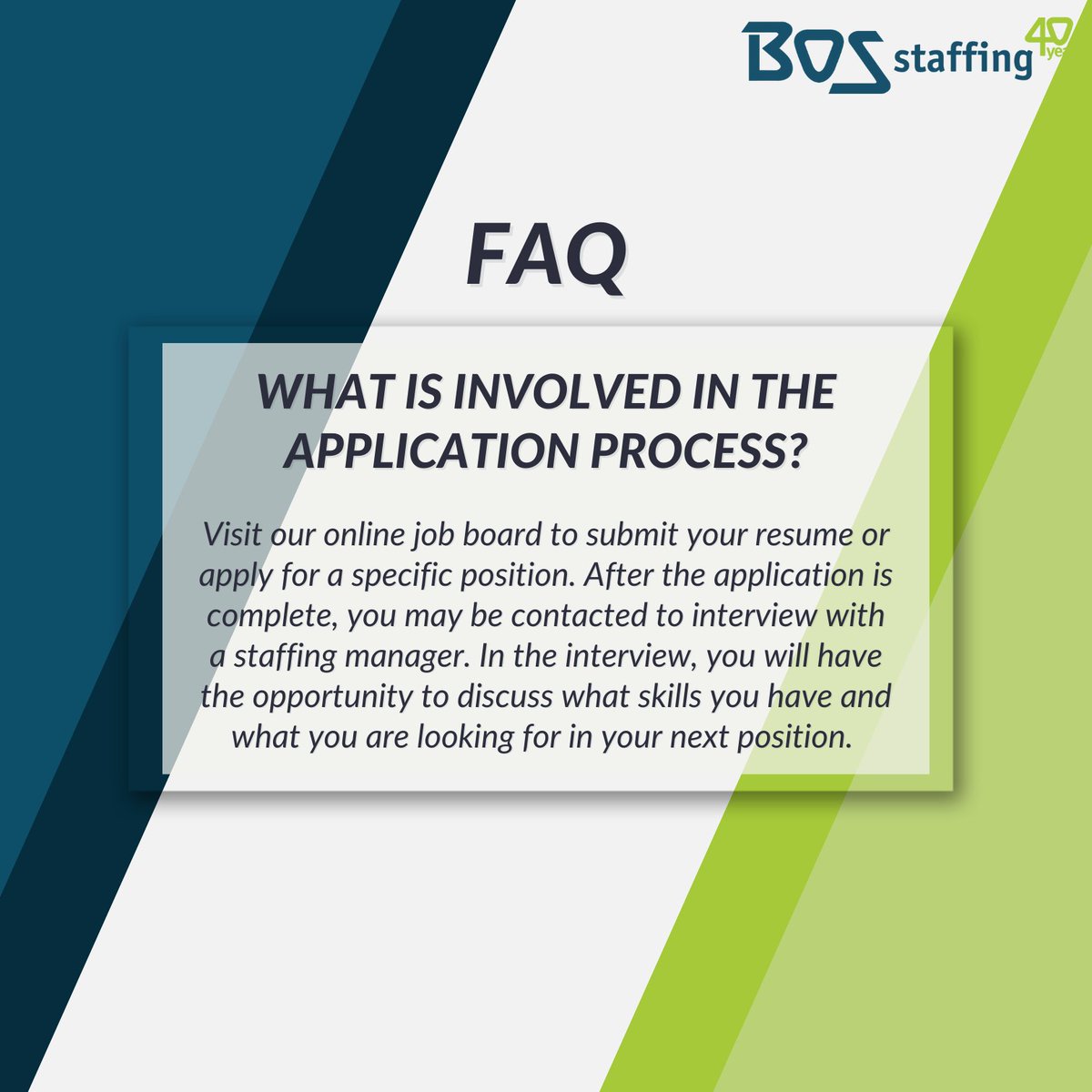 BOS_Staffing's tweet photo. Our application process is simple yet effective. In the end, you will be asked to do some computer testing, and a background check will be conducted prior to your job assignment.

Visit https://t.co/jMHtSml8bG to learn more about our application process and begin working with us! https://t.co/ZonlwL3woD