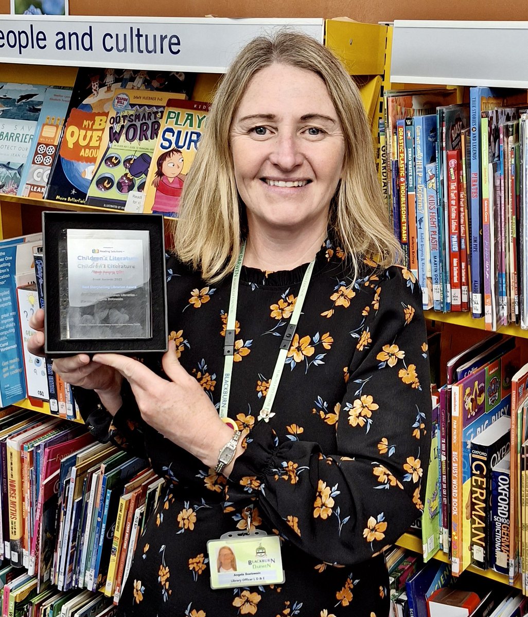 Here’s the wonderful #librarian Angela Botswain of @BwDLibraries with her shiny book award. Angela was joint winner in our #clfbookawards Best Storytelling Librarian category. Huge thanks to all who sent videos in. 🤗 
#childrensbookaward @ChildrensLFests #librariestransform