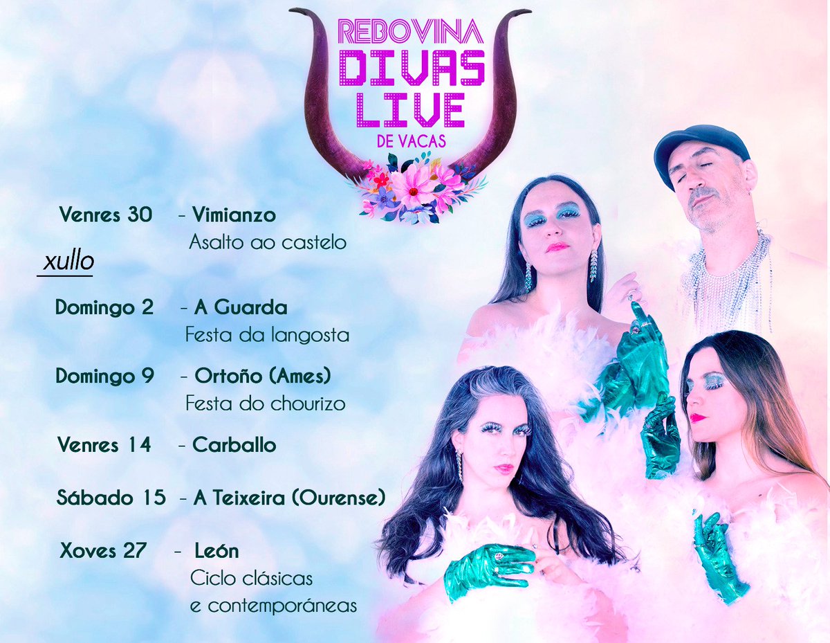 DE VACAS (@devacasdv) on Twitter photo Comezamos a xira REBOVINA DIVAS LIVE!! 🤩
Iremos actualizando calendario con novas datas e info. 
Atentas!!!🐄🐄🐄🎸 Comezamos a xira REBOVINA DIVAS LIVE!! 🤩
Iremos actualizando calendario con novas datas e info. 
Atentas!!!🐄🐄🐄🎸