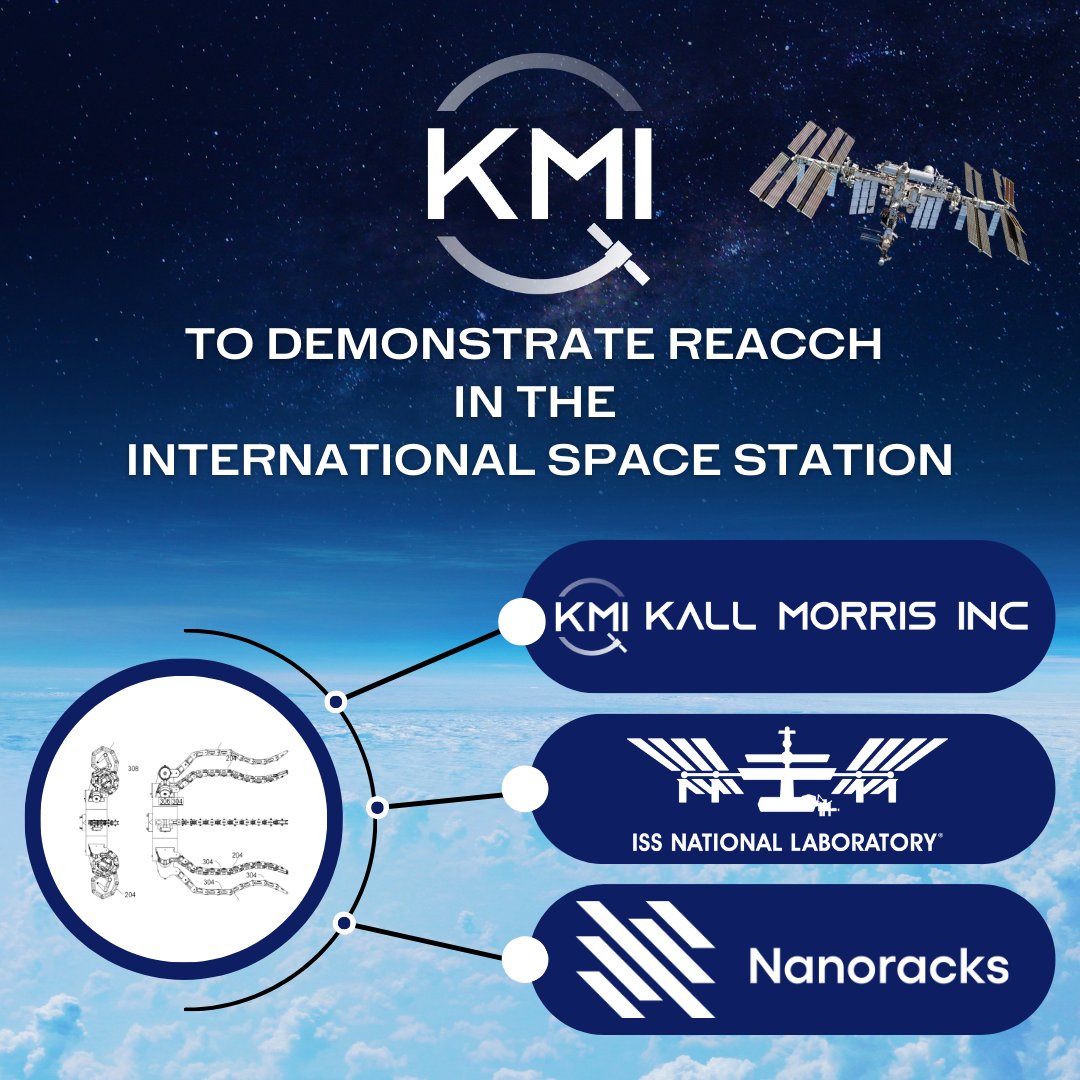 KallMorris's tweet photo. KMI was awarded a @ISS_CASIS contract to demonstrate our REACCH technology in the International Space Station. This project is made possible by KMI, the ISS National Lab, @Nanoracks, geCKo Materials, and our many supporters, bringing us one step closer to #KeepingSpaceClearForAll https://t.co/org4kv7R5R