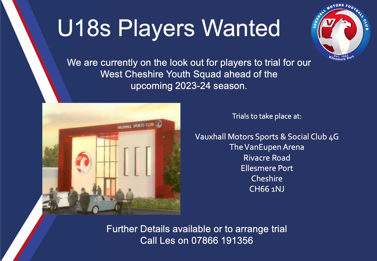 Vauxhall Motors FC U18 (@vmfcu18s) on Twitter photo ⚪️ | U18 Players Wanted
We’re looking to strengthen and add to our West Cheshire League Squad ahead of the upcoming 23/24 season.
For more information or to arrange a trial, contact Les on 07866 191356.
#COYM | <a href="/BalticTraining/">Baltic Apprenticeships</a> ⚪️ | U18 Players Wanted
We’re looking to strengthen and add to our West Cheshire League Squad ahead of the upcoming 23/24 season.
For more information or to arrange a trial, contact Les on 07866 191356.
#COYM | <a href="/BalticTraining/">Baltic Apprenticeships</a>
