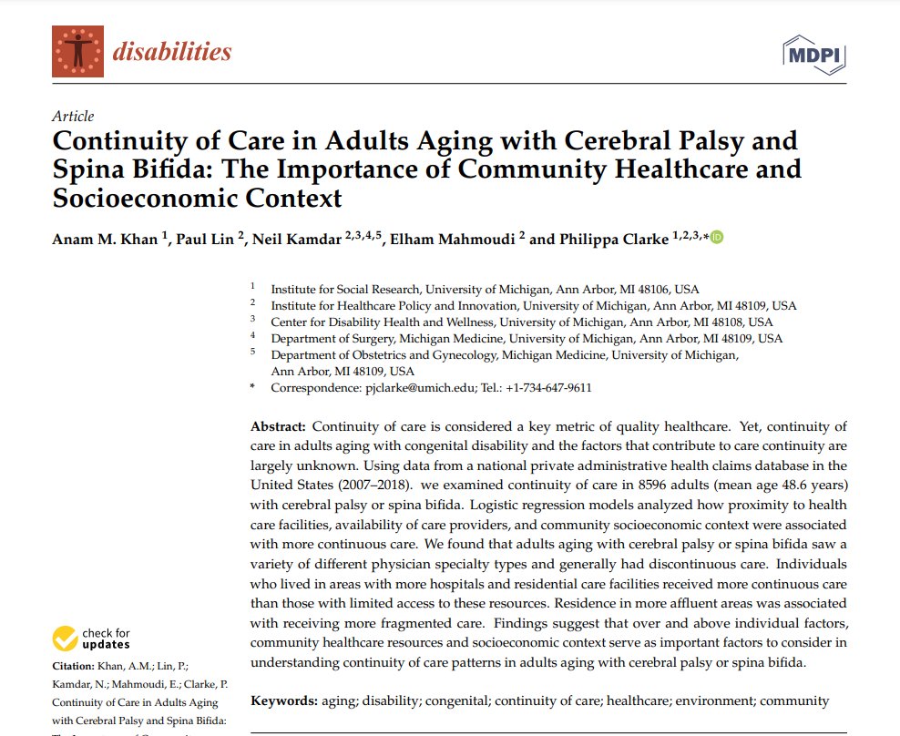 📕#ContinuityofCare in Adults #Aging with #CerebralPalsy and #SpinaBifida: The Importance of #CommunityHealthcare and #Socioeconomic Context

New article published in Disabilities, ✍️by Khan et al. from @UMich

Free full-text👉mdpi.com/2673-7272/3/2/…
#care #healthcare #disability