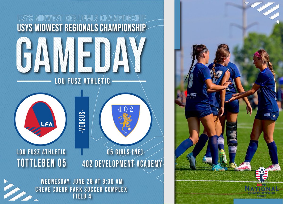 ‼️𝙄𝙩'𝙨 𝘾𝙝𝙖𝙢𝙥𝙞𝙤𝙣𝙨𝙝𝙞𝙥 𝘿𝙖𝙮‼️

We take on 402 Development Academy in the USYS Midwest Regional Championship!🏆

🆚 402 Development Academy
⏰ 8:30 AM
📍 St.Louis, MO
🏟️ Creve Coeur Soccer Complex
⚽️ Field 4

<a href="/LouFuszSoccer/">Lou Fusz Soccer Club</a> | #RoadtoFL