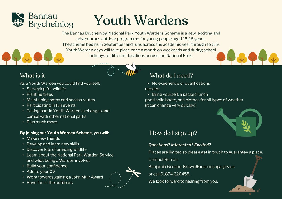 📢 📢 📢 
Bannau Brycheiniog National Park Youth Wardens Scheme is an exciting and
adventurous outdoor programme for young people aged 15-18 years.

The scheme begins in September and runs across the academic year through to July

👇 👇 👇 Info below