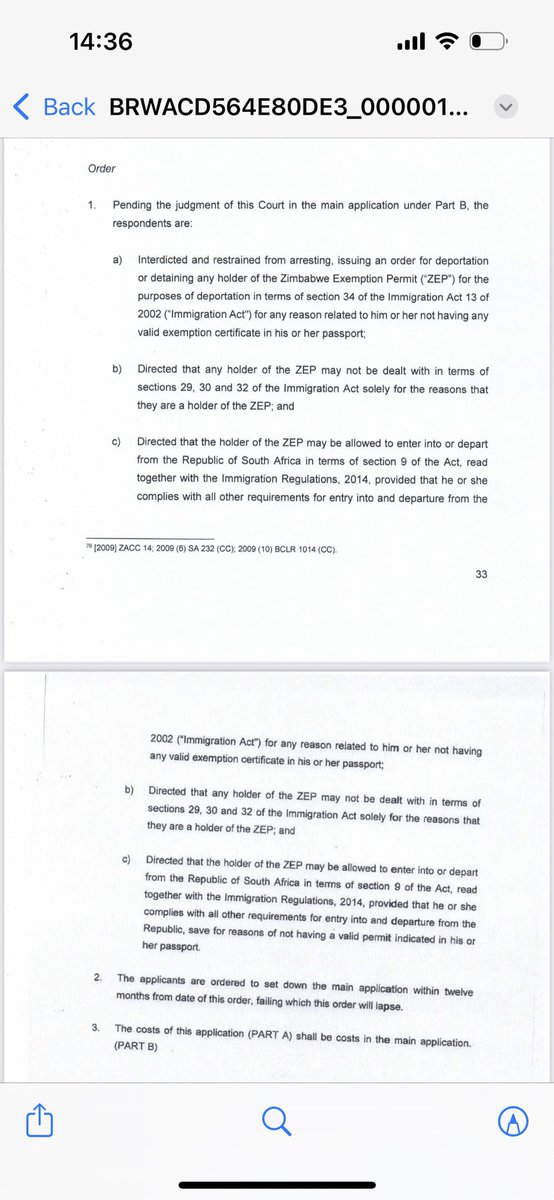 #ZEP : Let’s move to the 2nd applicant, the Zim Immigration Federation (ZIF). 
The PTA High Court has granted the ZIF an interim interdict (pending the outcome of part b) which restrains govt respondents from detaining or deporting any holder of a #ZEP .  #SABCNews