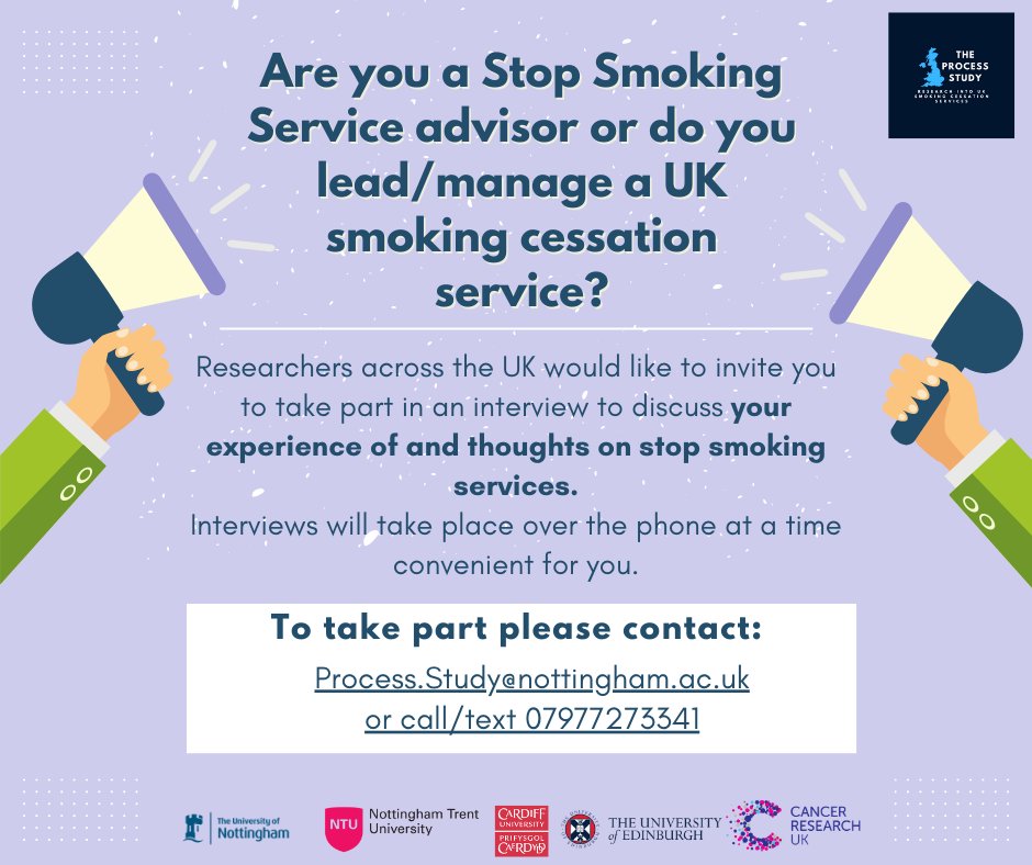 The PROCESS Study (@process_study) on Twitter photo We would really like to talk people working in smoking cessation from across the UK. Contact us at process.study@notttingham.ac.uk .Please tell your colleagues and share in your networks <a href="/NCSCT/">NCSCT</a> <a href="/CRUK_Policy/">Cancer Research UK Policy</a> <a href="/ASHScotland/">ASH Scotland</a> <a href="/AshOrgUK/">ASH</a> <a href="/ASHWalesCymru/">ASH Wales Cymru</a> <a href="/H_A_NICHI/">NICHI Health Alliance</a> We would really like to talk people working in smoking cessation from across the UK. Contact us at process.study@notttingham.ac.uk .Please tell your colleagues and share in your networks <a href="/NCSCT/">NCSCT</a> <a href="/CRUK_Policy/">Cancer Research UK Policy</a> <a href="/ASHScotland/">ASH Scotland</a> <a href="/AshOrgUK/">ASH</a> <a href="/ASHWalesCymru/">ASH Wales Cymru</a> <a href="/H_A_NICHI/">NICHI Health Alliance</a>