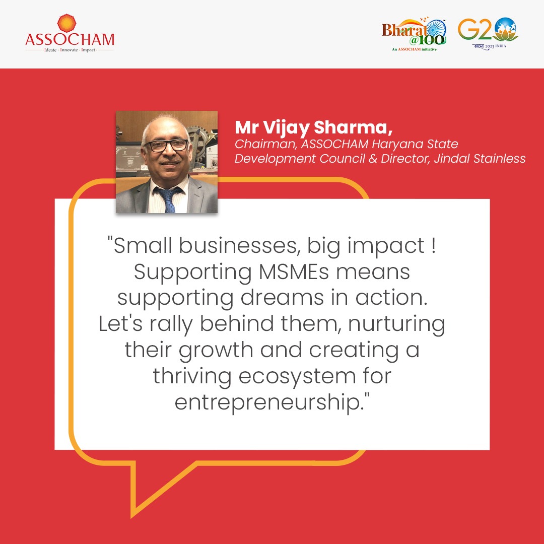 ASSOCHAM4India's tweet photo. Mr. Vijay Sharma, Chairman of ASSOCHAM Haryana State Development Council and Director of Jindal Stainless, emphasizes the significant impact of small businesses and the importance of supporting #MSMEs to foster #entrepreneurship, nurture growth, and turn dreams into reality. 📚📊

#ASSOCHAM #Growth

@g20org,@minmsme, @MeNarayanRane, @bpsvermabjp,@PIBIndiaMSME, @PMOIndia, @Jindal_Official