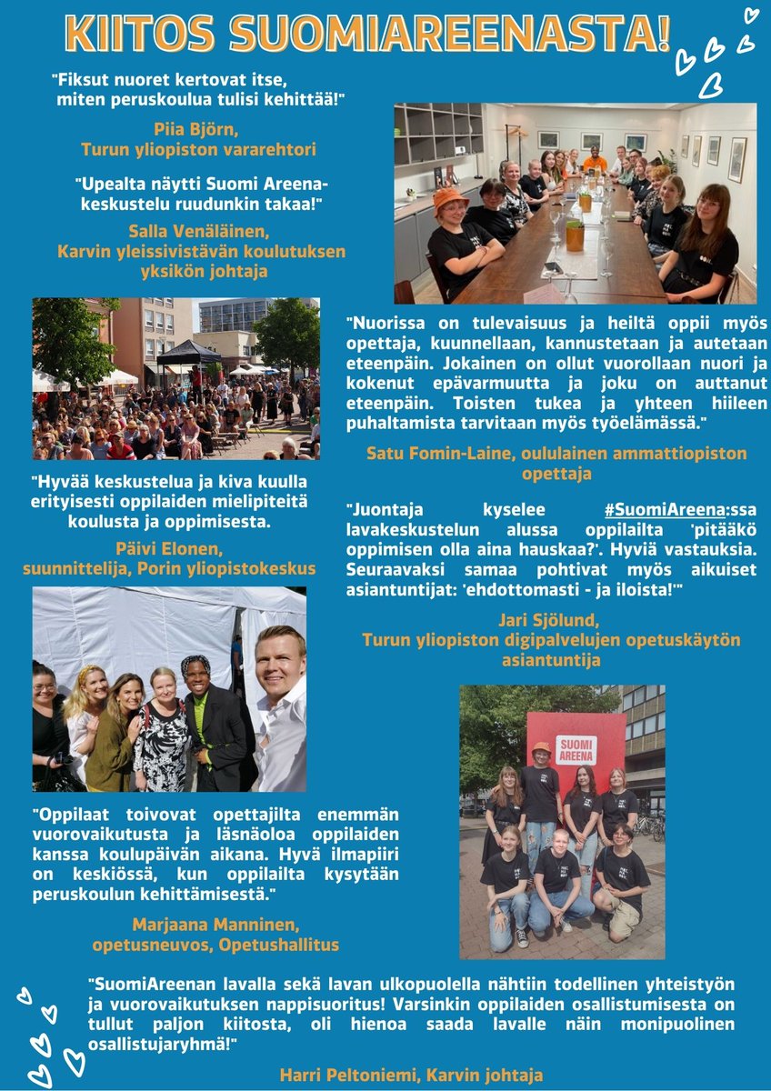 Kiitos <a href="/fineec1/">Kansallinen koulutuksen arviointikeskus (Karvi)</a>, panelistit ja erityisesti upeat tukioppilaat antoisasta keskustelusta. Sanavalmiit nuoret toivoivat koulun  aikuisilta läsnäoloa ja tasavertaista kohtelua ja kohtaamista, yhteisöllisyyttä ja että kaikkien nuorien ajatuksia kuunneltaisiin.