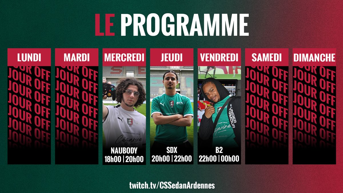 Les 3 streams de la semaine, le premier dès maintenant !

🖥️ twitch.tv/CSSedanArdennes