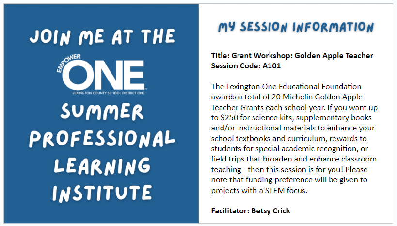 Betsy Crick (@betsycrick) on Twitter photo If you are joining us for the <a href="/LexingtonOne/">Lexington County School District One</a> Virtual Summer Professional Learning Institute and need money for your #STEM project, sign up for my session! 💵 #Lex1Grants <a href="/LearningLex1/">Lex1 Professional Learning</a> <a href="/Lex1Dev/">Lex1 Lead Dev</a> <a href="/ryanapanter/">Ryan Panter</a> drive.google.com/file/d/1XYXBmU… If you are joining us for the <a href="/LexingtonOne/">Lexington County School District One</a> Virtual Summer Professional Learning Institute and need money for your #STEM project, sign up for my session! 💵 #Lex1Grants <a href="/LearningLex1/">Lex1 Professional Learning</a> <a href="/Lex1Dev/">Lex1 Lead Dev</a> <a href="/ryanapanter/">Ryan Panter</a> drive.google.com/file/d/1XYXBmU…
