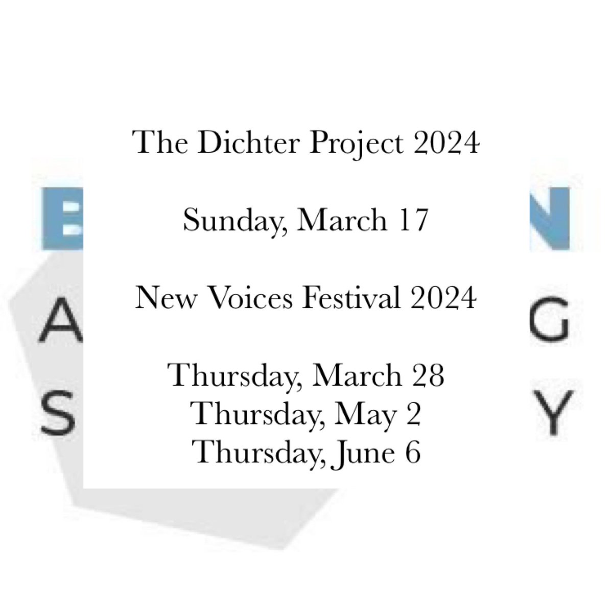 Save the dates! We will be announcing our 2023-2024 season later in the summer- but you can go right ahead and put these dates in your calendar now- excited to share with you all the details soon! 

brooklynartsongsociety.org/support/