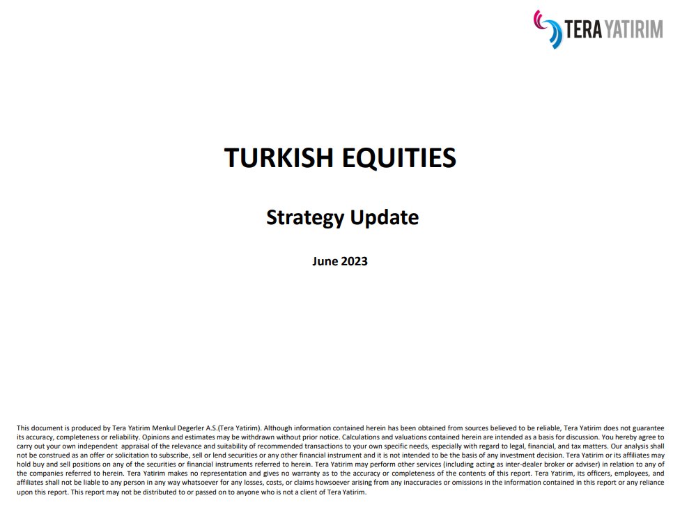 Tera Yatırım - TURKISH EQUITIES - Strategy Update 23.06
Raporu çok beğendim, önemli gördüğüm yerleri paylaşıyorum. 

Beğendikleri hisseler ve getiri potansiyelleri, detaylar raporun devamında. 
· #CCOLA %21
· #ISMEN %53
· #MAVI %61
· #TSKB %40
· #TTRAK %38
· #THYAO %58 
(1/16)