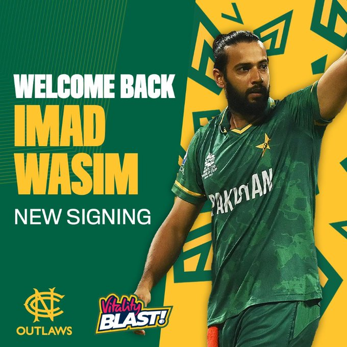 Notts Outlaws have signed up Imad Wasim for the Vitality Blast! 👏🏽

He joins Shaheen Shah Afridi at the county & will be available for their last two games and the QF stage (if they qualify).

He has previously played for the Outlaws in 2019 & 2020.

📸: @TrentBridge | #Blast23