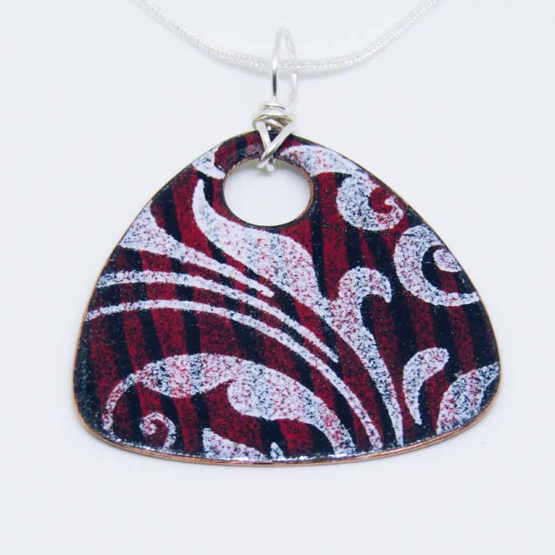 Multi Triangle Pendant Necklace by Anne McArdle is a red, black and white, enamel on copper pendant with a sterling silver chain #jewelleryart #jewelleryartist #sterlingsilver #necklace #pendant #copper #enamel #tonbridge