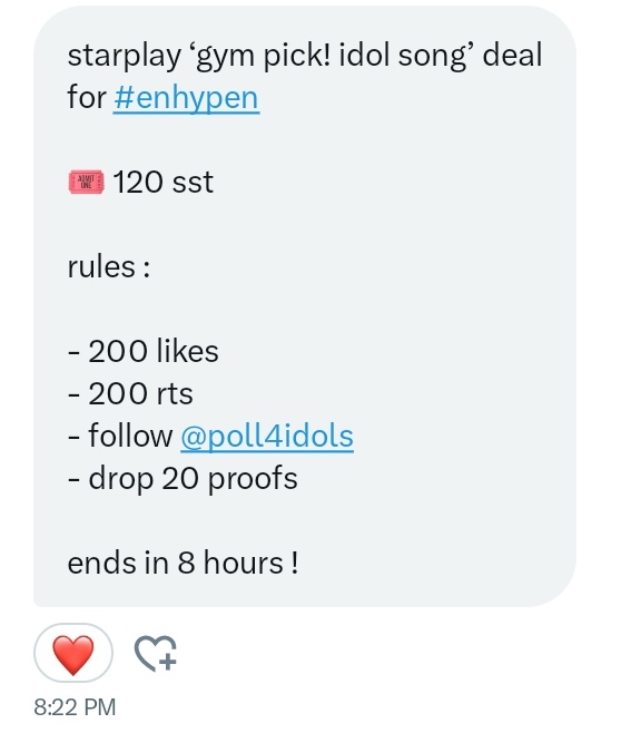 starplay ‘gym pick! idol song’ deal for #enhypen 

🎟 120 sst

rules :

- 200 likes
- 200 rts
- follow @poll4idols
- drop 20 proofs

ends in 8 hours !

#ENFuelUp #ENVOOSTERS