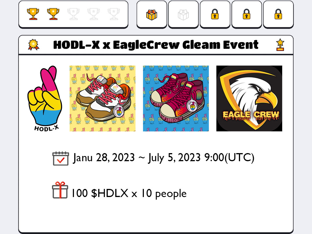 eagle_crew777's tweet photo. HODL-X x EagleCrew

🎁Reward
100 $HDLX x 10 people
⏰ ~  July 5, 2023 9:00 (UTC)

To Enter:

✅ Follow @eagle_crew777 &amp; @HODLXnftl
✅ Like, RT &amp; Tag 3 Friends
✅ Complete #gleam ⤵️
https://t.co/1J8MFJTx3Z

#hodl #nft #event #eaglecrew https://t.co/jGIp9Rrepu