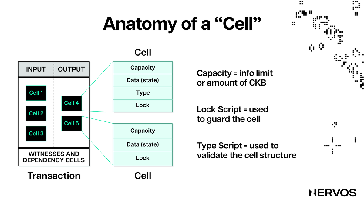 The Cell model is a novel #blockchain accounting model that we invented specifically for CKB because we weren't happy with the drawbacks of #Bitcoin's UTXO and Ethereum's account models.

Lock 🔒 and Type 📝 Scripts are the basic functions of Cells that together create a secure