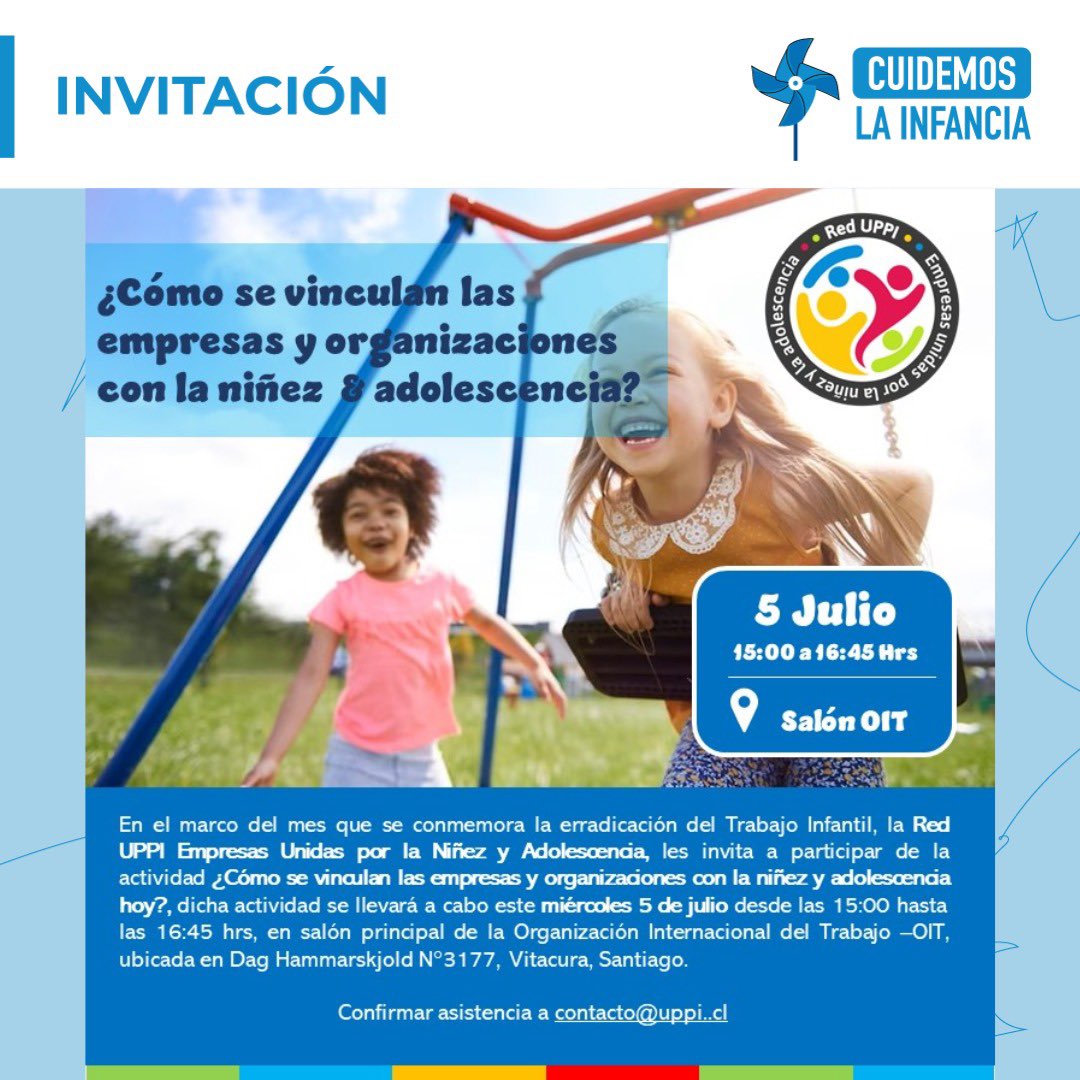 En el marco del mes que se conmemora la prevención y erradicación del trabajo infantil, la Red UPPI - Empresas Unidas por la Niñez y la Adolescencia, les invita a participar del evento:

¿Cómo se vinculan las empresas y organizaciones por la niñez y adolescencia hoy?

🗓️  |