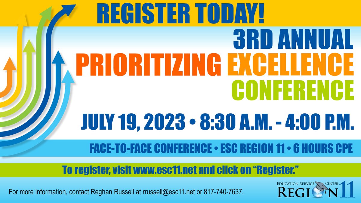 Our Prioritizing Excellence Conference is only three weeks away! 

Join us as we bring together the best teaching, leading, and supporting strategies to meet the needs of ALL educational personnel.

July 19 • 8:30 a.m. - 4:00 p.m.
esc11.net/pec
